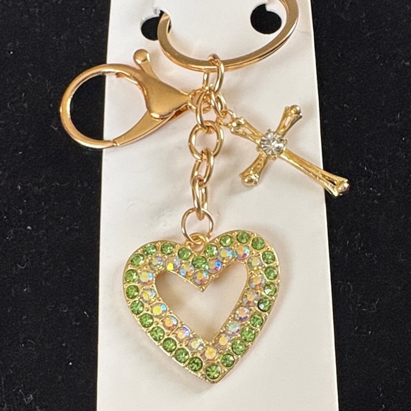 Mint Accessories - Mint Gold and Green Heart Keychain with Cross Charm